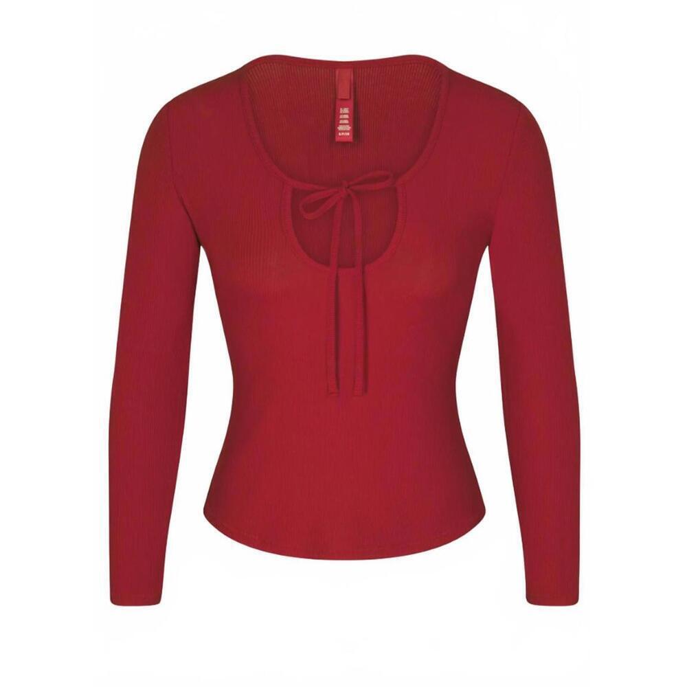 EUC SKIMS Tie Front Long Sleeve Rib Stretch Modal Pajama Top Brick Red Size M